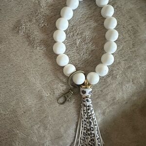 White Beaded Bracelet with Tassel Keychain